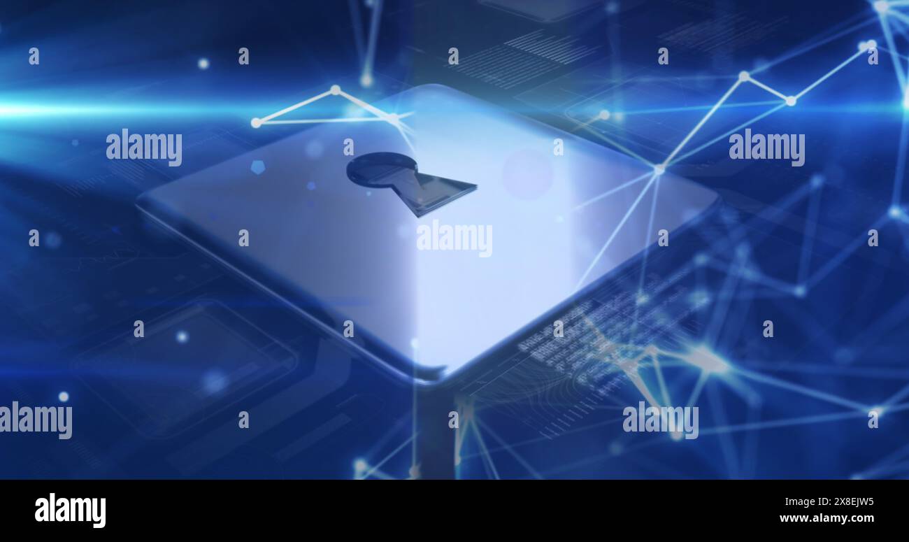 Image de points connectés, cadenas et langage informatique sur fond abstrait Banque D'Images