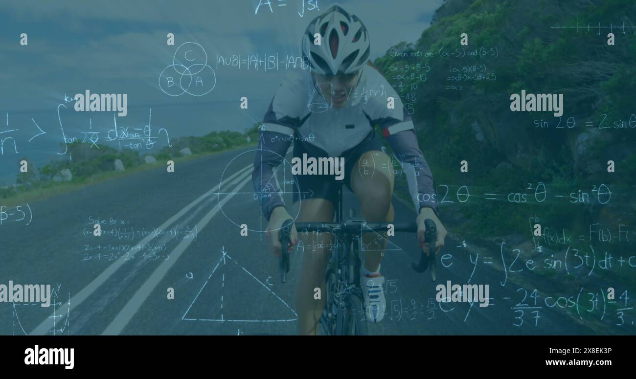 Image d'équations mathématiques sur une cycliste caucasienne chevauchant un vélo dans la rue Banque D'Images