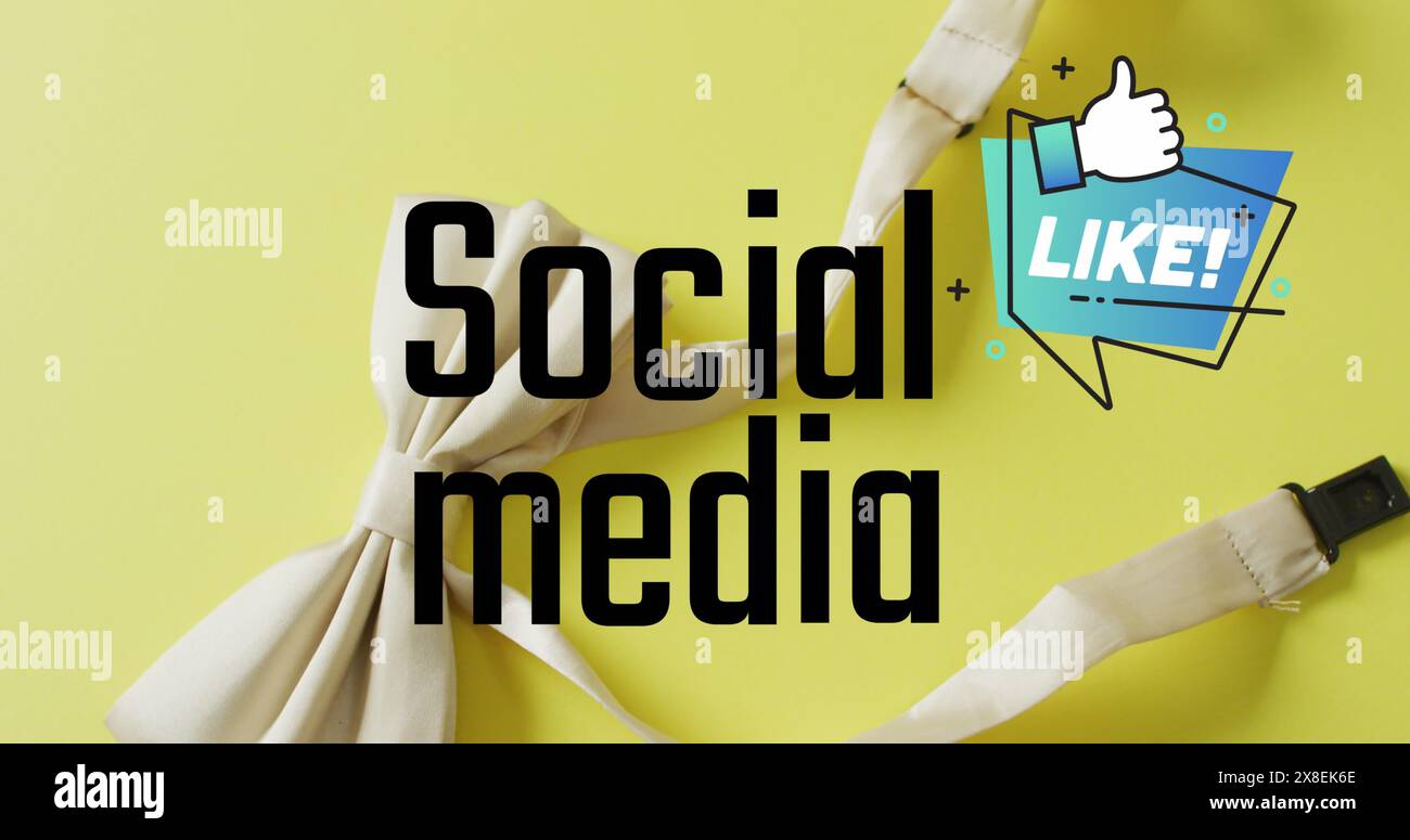 Image du texte des médias sociaux et de l'icône Like au-dessus du noeud papillon sur fond jaune Banque D'Images