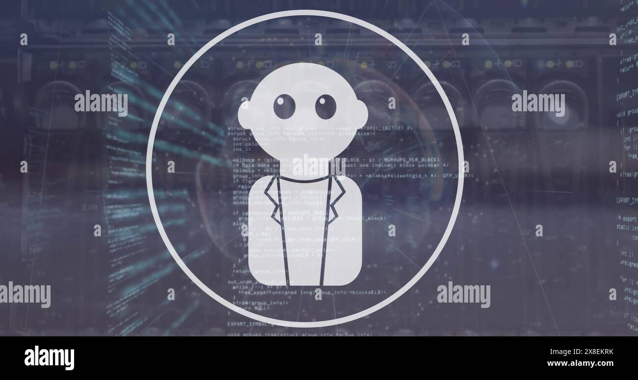 Image de l'icône du robot dans un cercle avec le langage de l'ordinateur au-dessus des câbles Banque D'Images