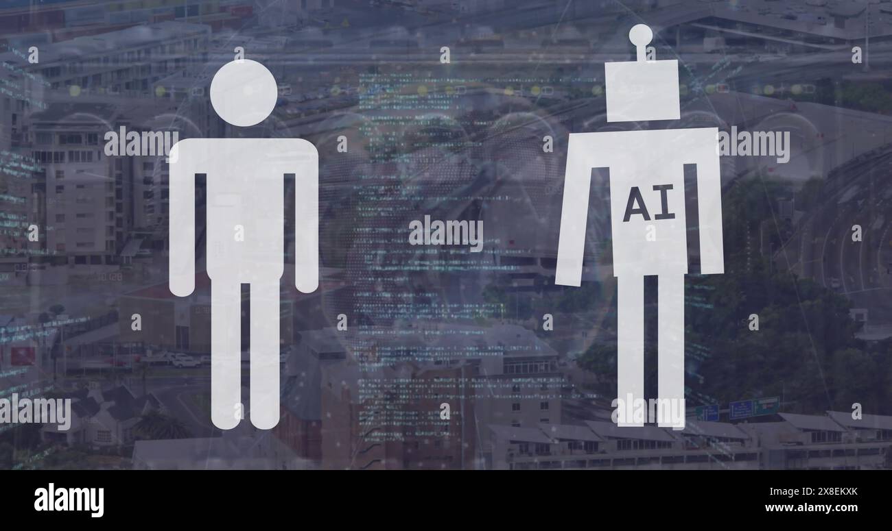 Image de l'icône humaine et du texte ai en robot sur le langage informatique contre les câbles Banque D'Images