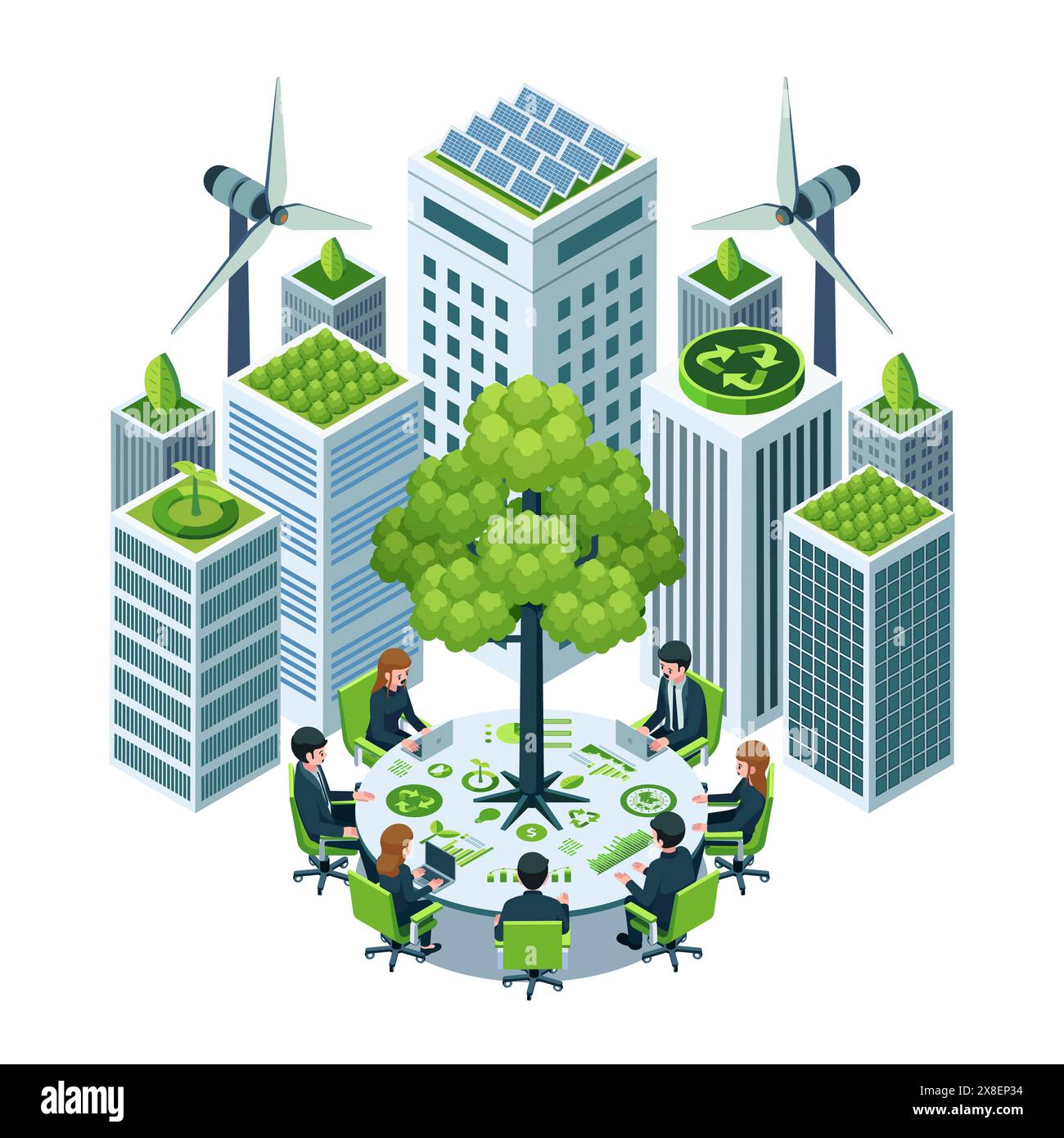 Réunion d'affaires durable isométrique entourée de bâtiments urbains respectueux de l'environnement. Entreprise durable et concept de réunion d'affaires écologique Illustration de Vecteur Réunion d'affaires durable isométrique entourée de bâtiments urbains respectueux de l'environnement. Entreprise durable et concept de réunion d'affaires écologique Illustration de Vecteur