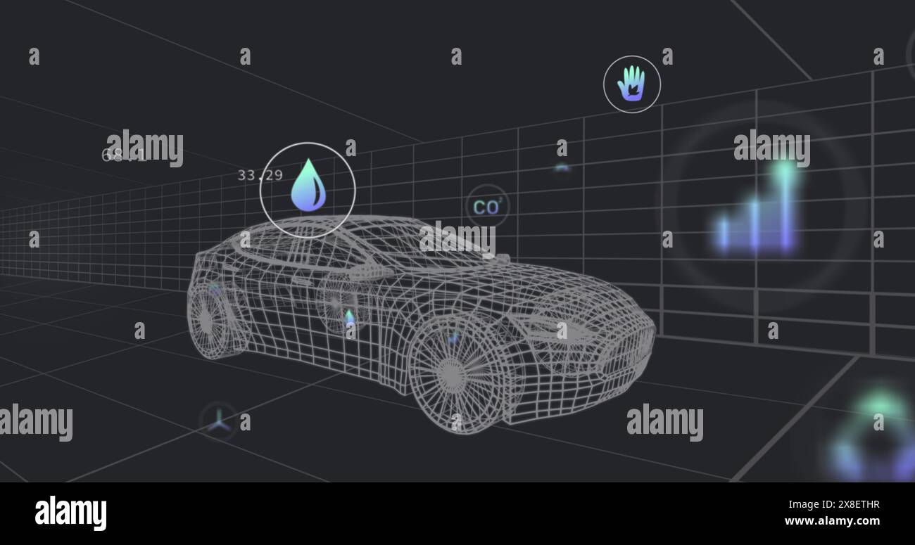 Image des icônes tombant sur un modèle de voiture 3D sur une grille sur fond noir Banque D'Images