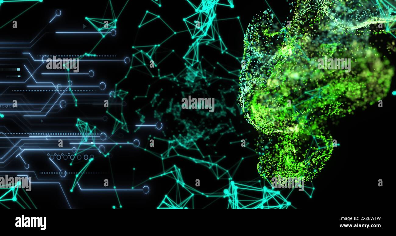 Image de points connectés éclairés et de motifs de carte de circuit imprimé avec une onde dynamique de points Banque D'Images