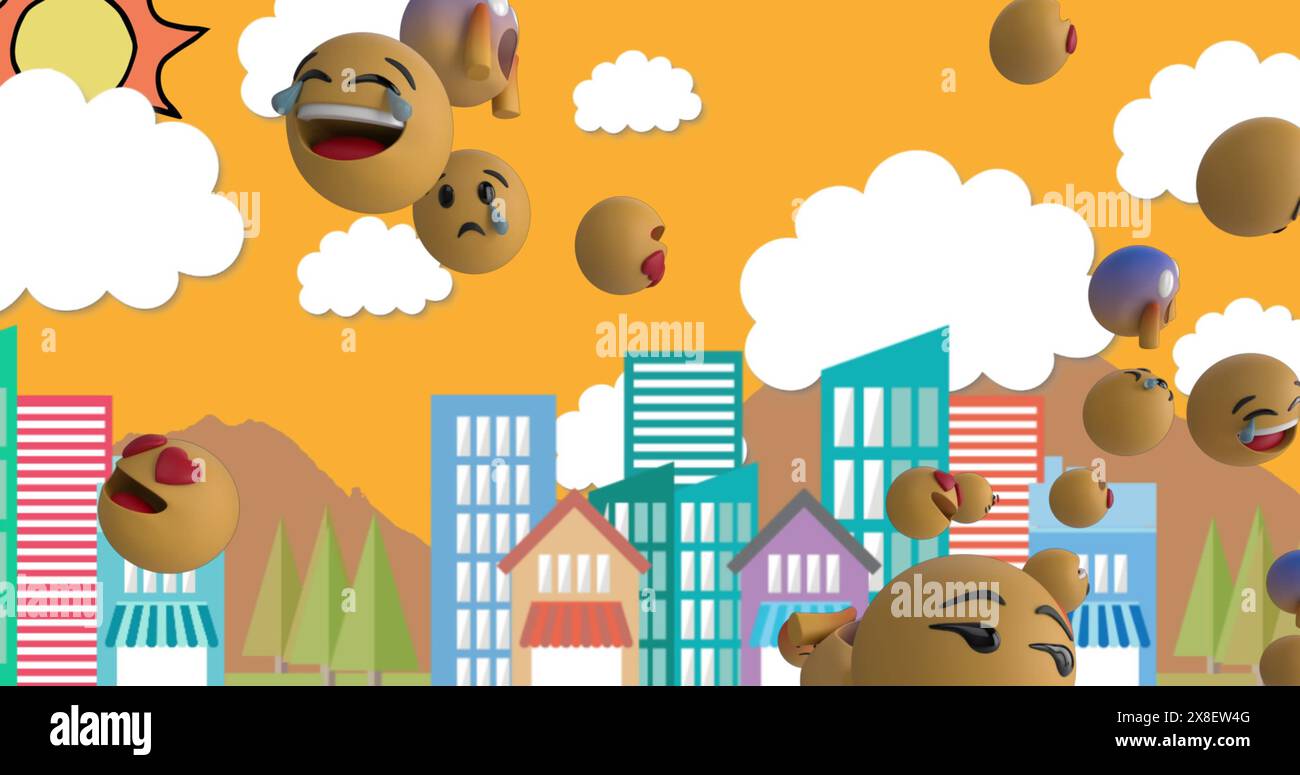 Emojis flottant au-dessus d'un paysage urbain coloré, montrant diverses émotions Banque D'Images