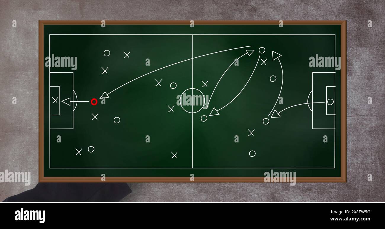 Tableau noir montrant la stratégie de football avec fond noir Banque D'Images