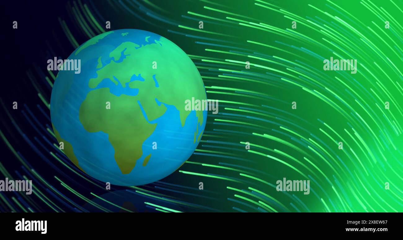 Globe bleu et vert flottant au milieu des lignes de néon tourbillonnantes Banque D'Images