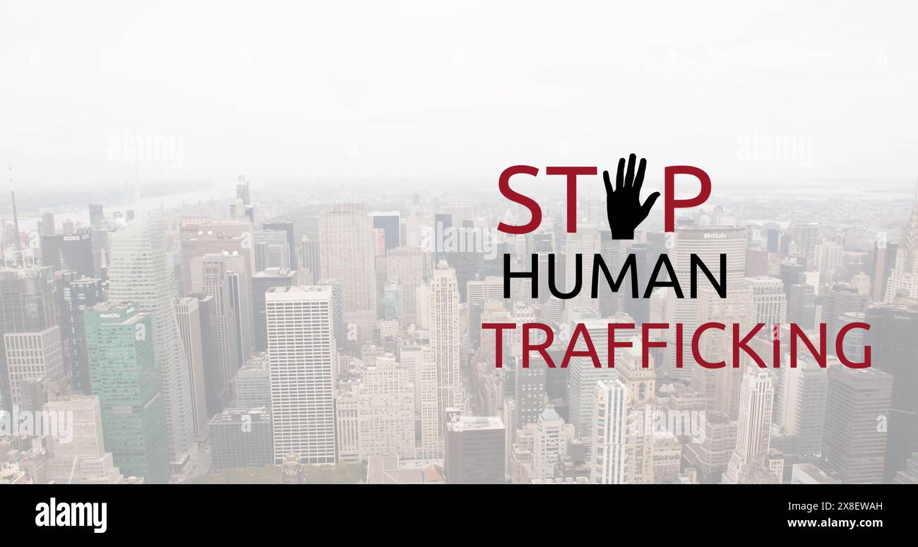 Image du texte STOP Human Trafficking sur le paysage urbain Banque D'Images
