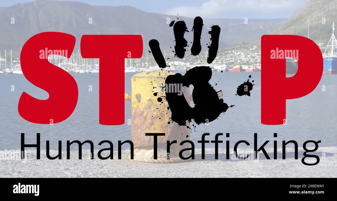 Image du texte STOP Human Trafficking sur le paysage urbain Banque D'Images