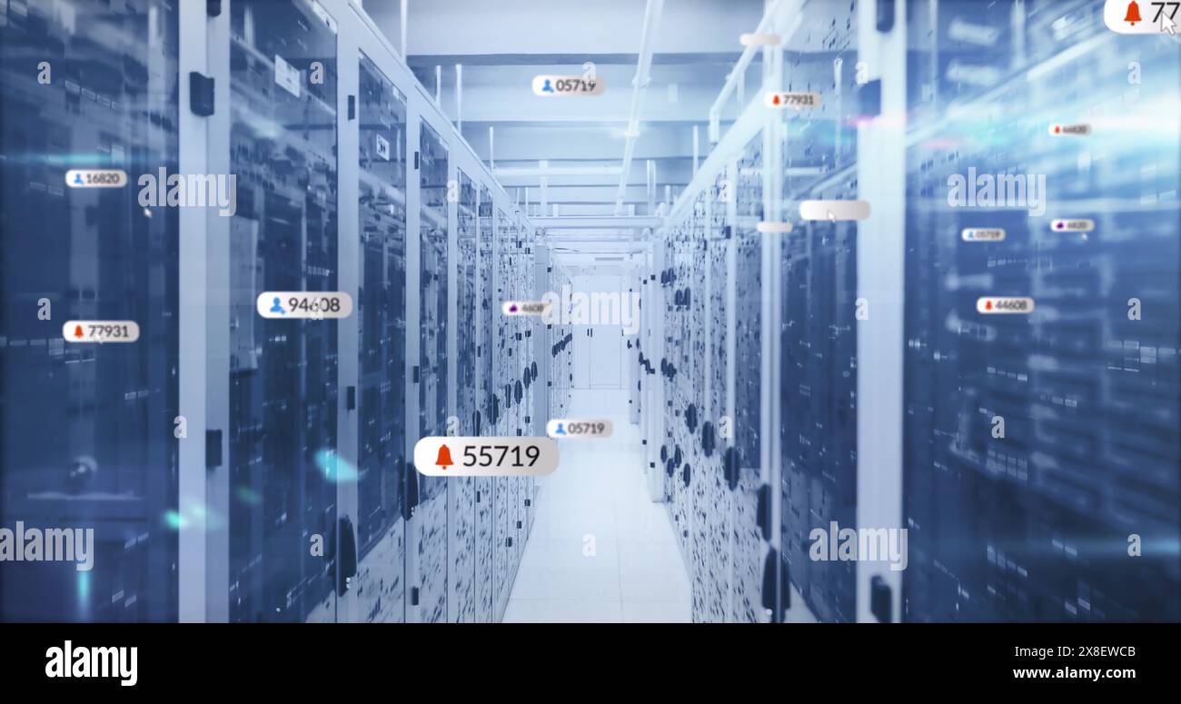 Image de plusieurs icônes de médias sociaux contre des carrés de mosaïque au-dessus de la salle du serveur informatique Banque D'Images