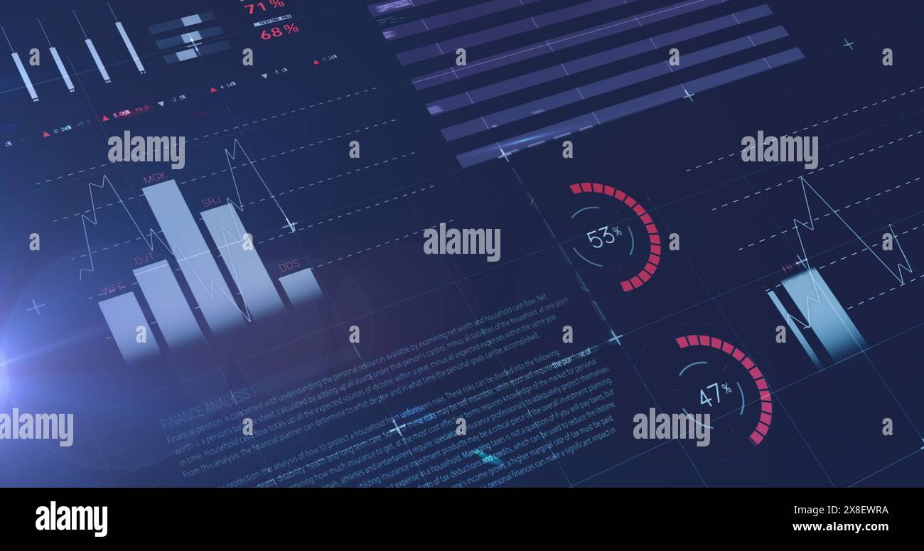 Image du traitement de données statistiques sur un point lumineux sur fond bleu Banque D'Images