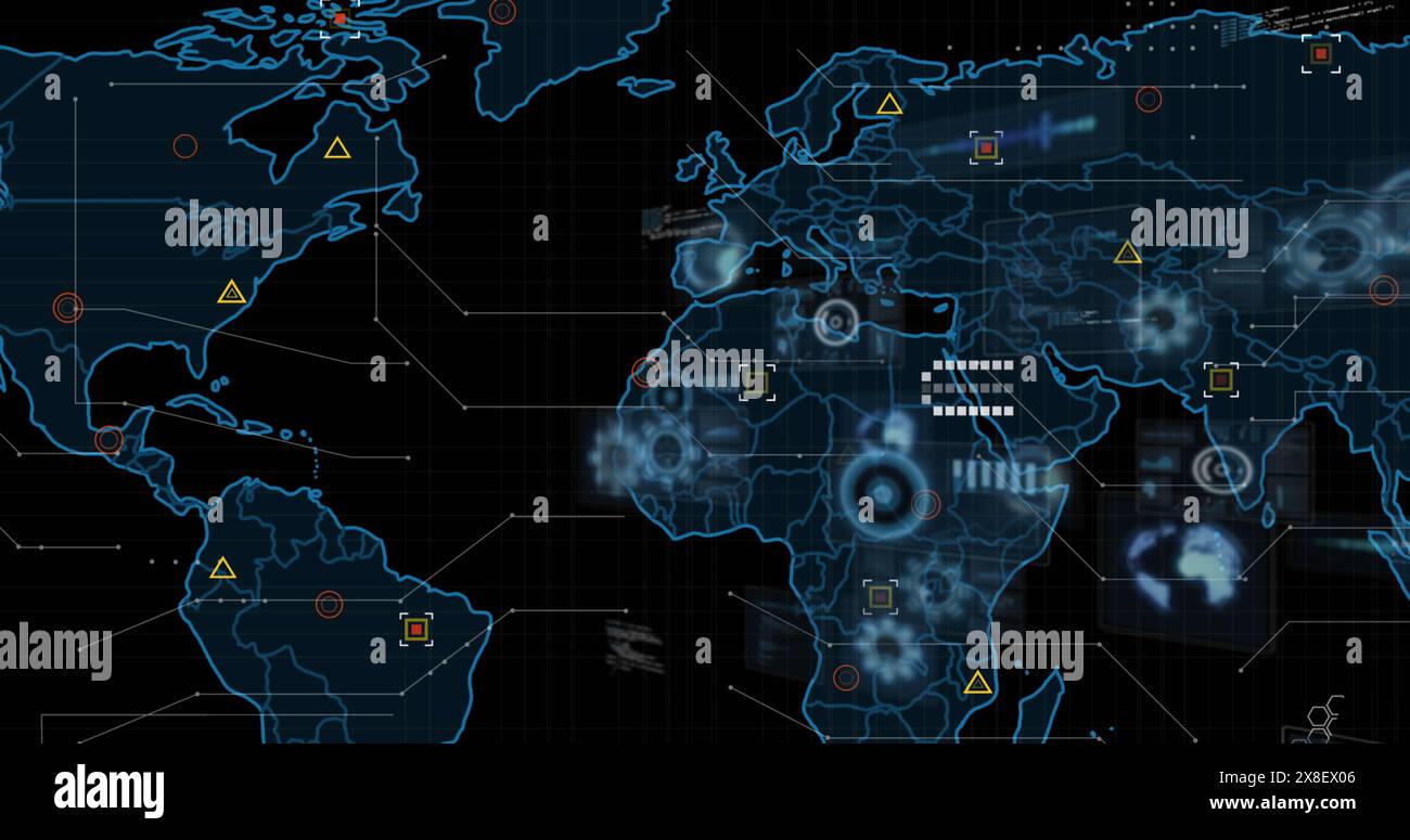 Image du traitement des données et de la carte du monde sur fond noir Banque D'Images