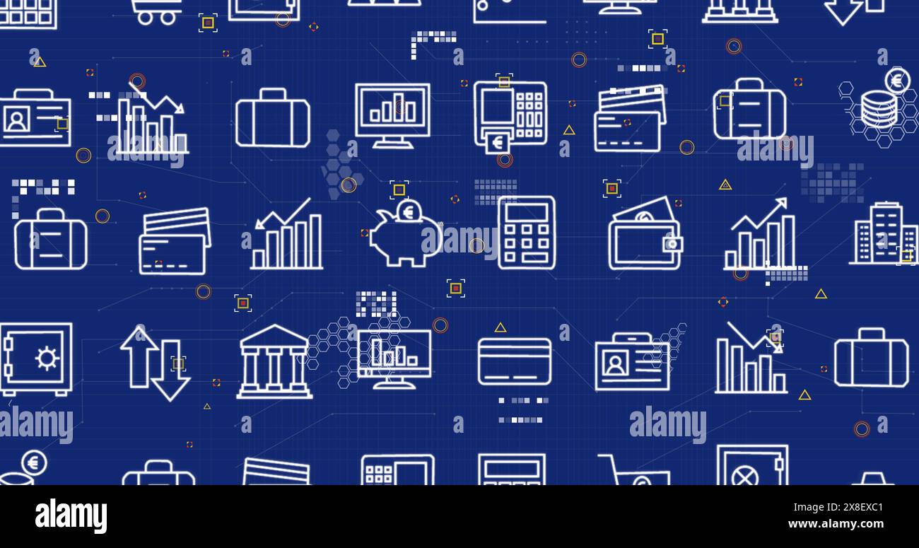 Illustration de plusieurs icônes numériques et connexions de microprocesseur sur fond bleu Banque D'Images