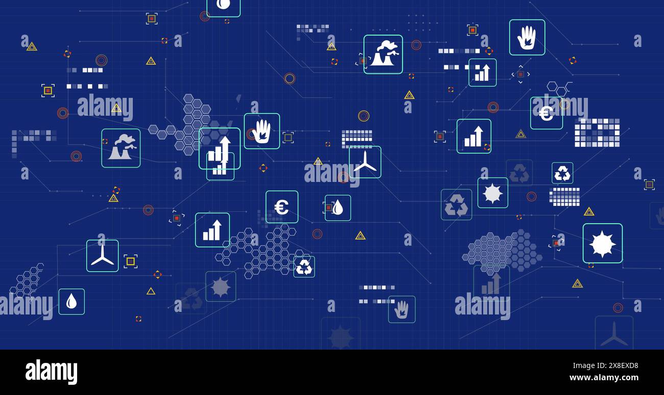 Illustration de plusieurs icônes numériques et connexions de microprocesseur sur fond bleu Banque D'Images