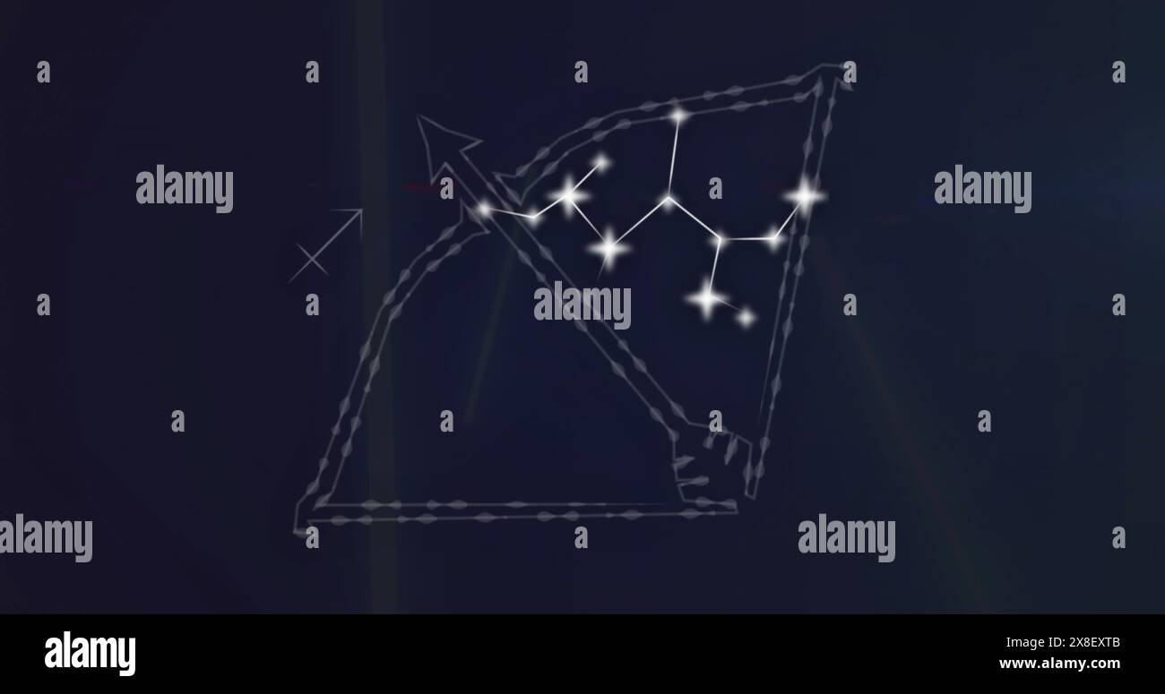 Image du symbole du sagittaire connecté et des fusées éclairantes se déplaçant sur fond noir Banque D'Images