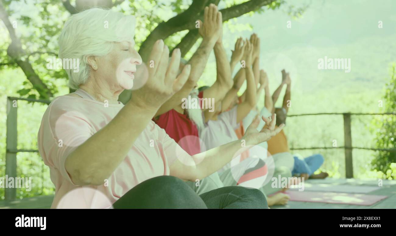 Image de taches de lumière et d'arbres sur diverses personnes âgées pratiquant le yoga dans le jardin Banque D'Images