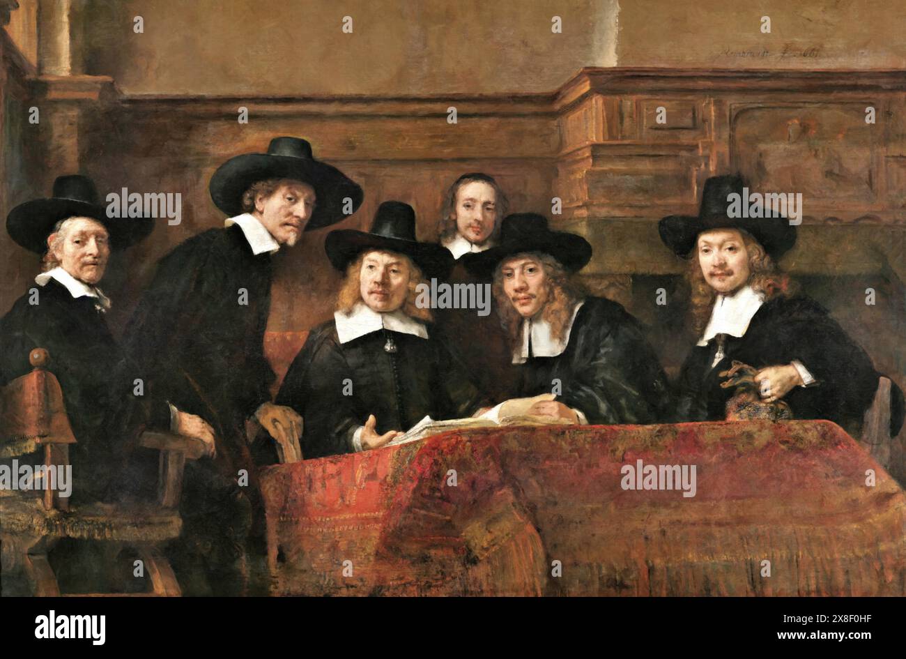 The Wardens of the Amsterdam Drapers Guild, connu sous le nom de Syndics, 1662 (peinture) par l'artiste Rembrandt Harmensz. Van Rijn (1606-69) Néerlandais. Illustration de Vecteur