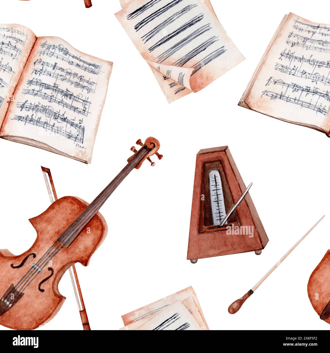 Modèle sans couture avec violon, arc, métronome et partition. Papier peint d'instrument classique. Illustration d'aquarelle dessinée à la main isolée sur bac blanc Banque D'Images