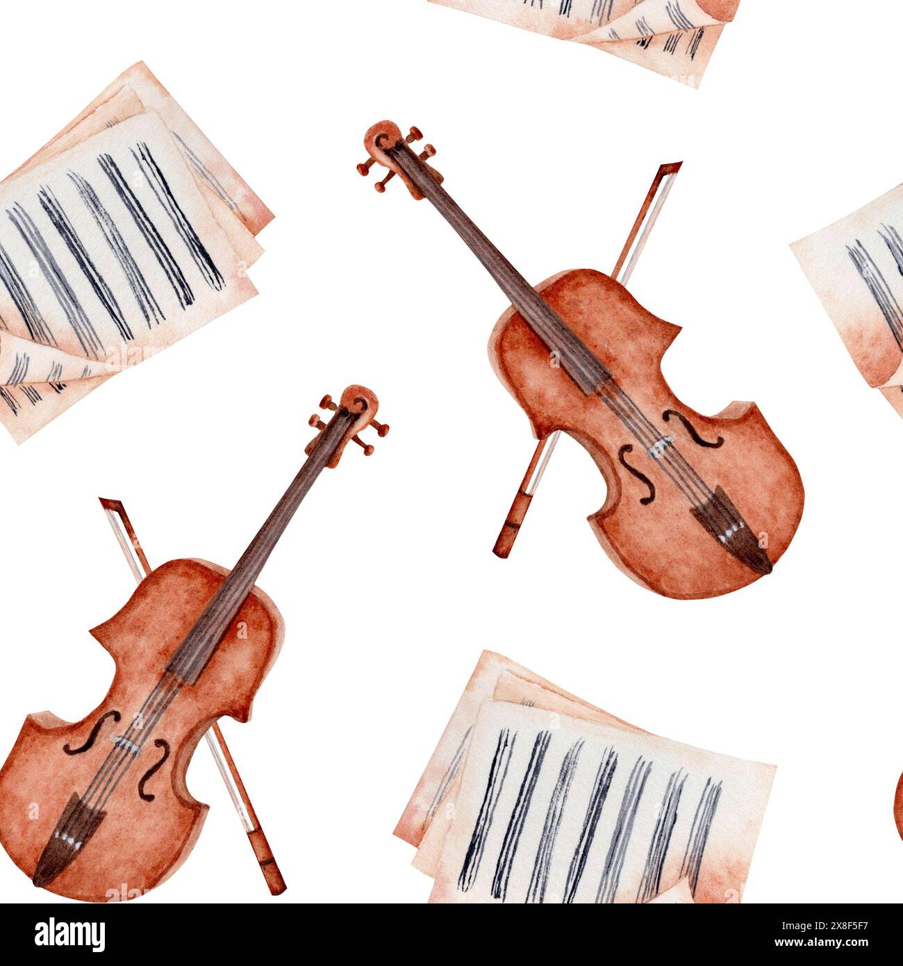 Modèle sans couture avec violon, arc et partition. Papier peint classique pour instrument à cordes. Illustration d'aquarelle dessinée à la main arrière-plan isolé Banque D'Images