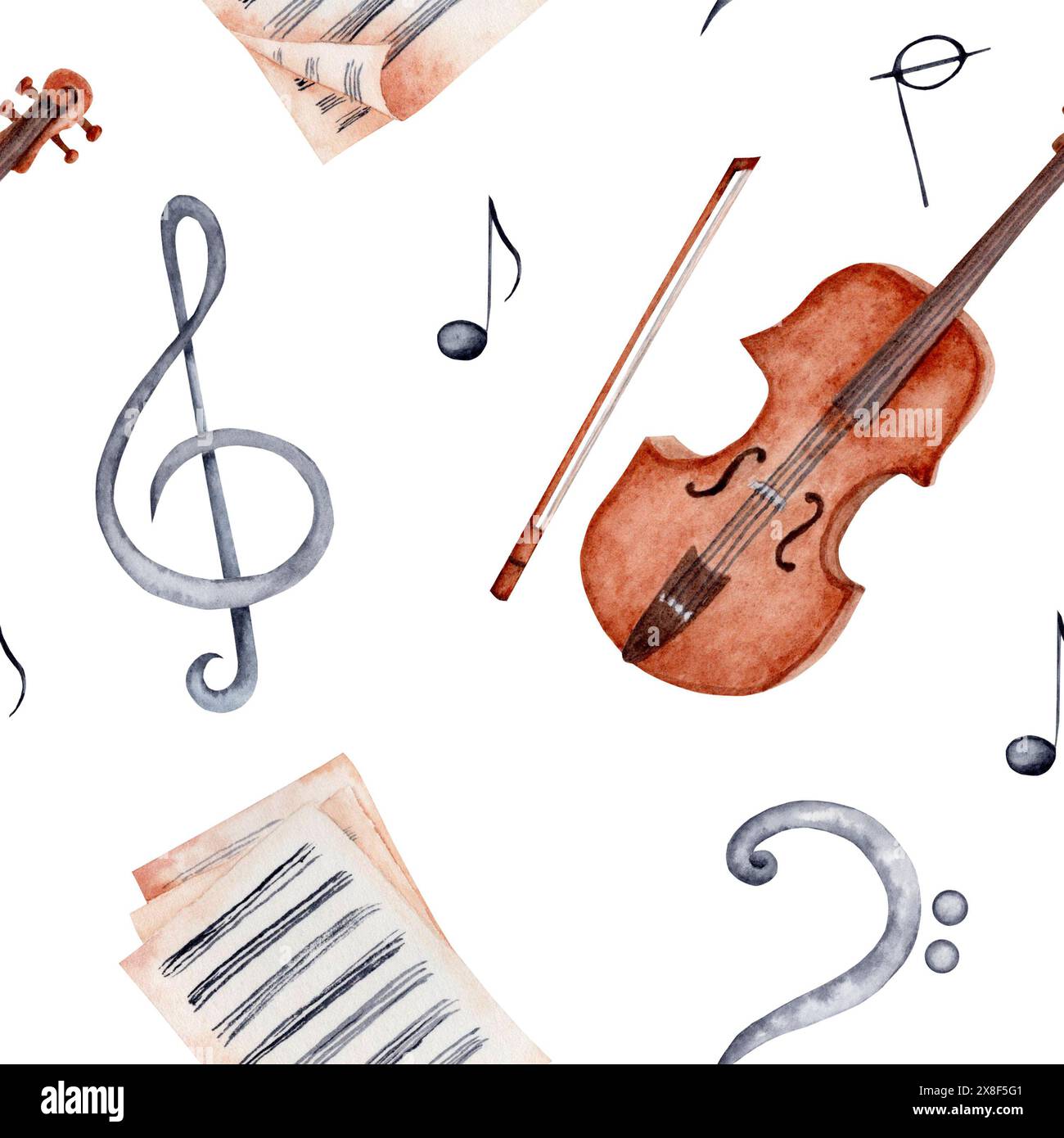 Modèle sans couture avec violon, arc et partition. Treble Bass clef et fond d'écran notes de musique. Illustration d'aquarelle dessinée à la main isolée sur BA blanc Banque D'Images