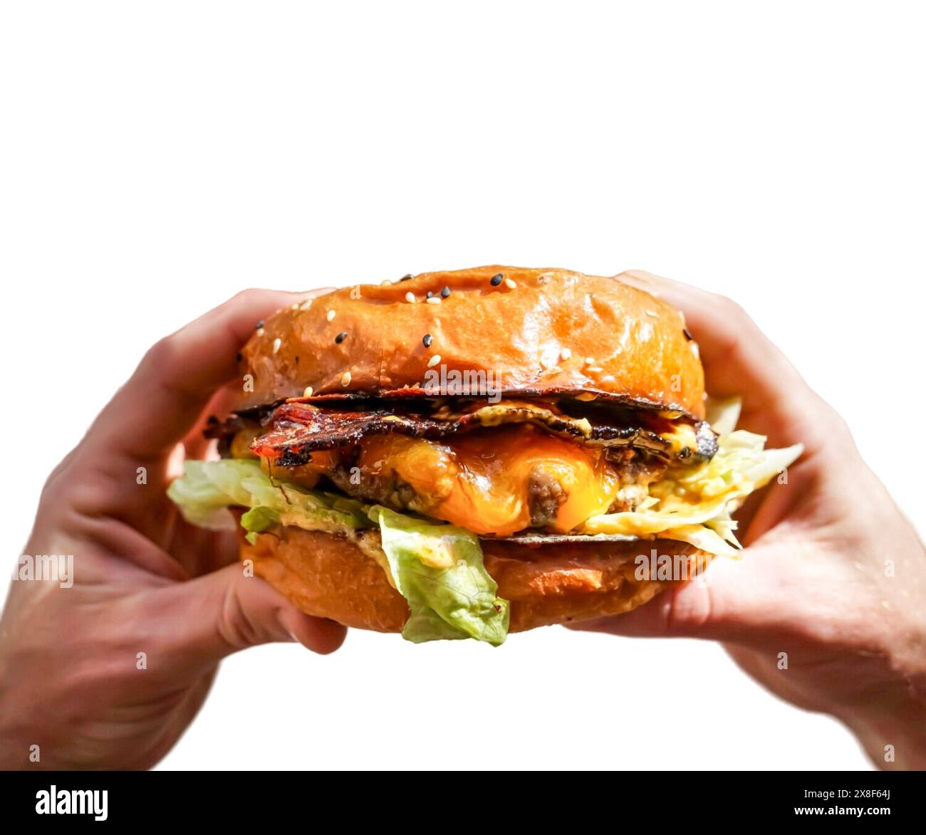 Hamburger au poulet, délicieux hamburger double avec de la viande de poulet croustillante, salade et sauce isolé sur fond blanc .hamburger blanc avec un gros poulet Banque D'Images