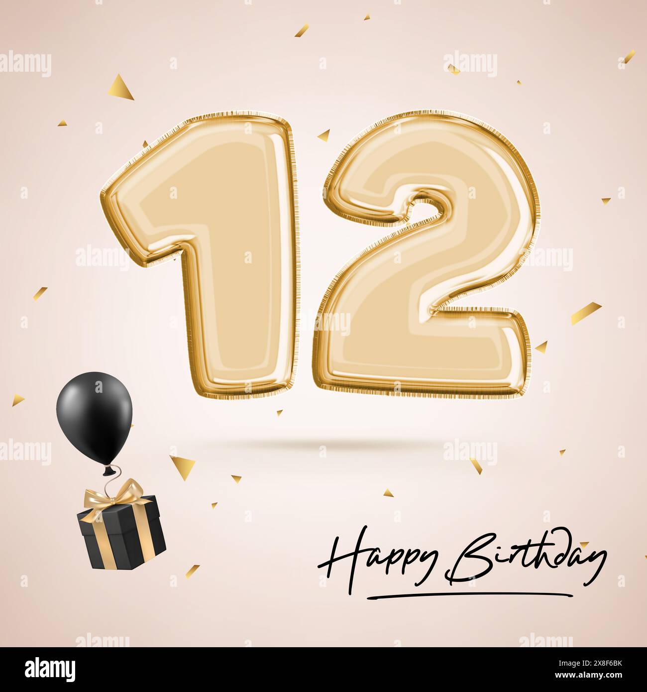 Célébration d'anniversaire de douze ans, numéro d'anniversaire 12, ballon noir, affiche d'anniversaire, félicitations, numéros d'or avec confettis dorés pailletés. 3D. Banque D'Images
