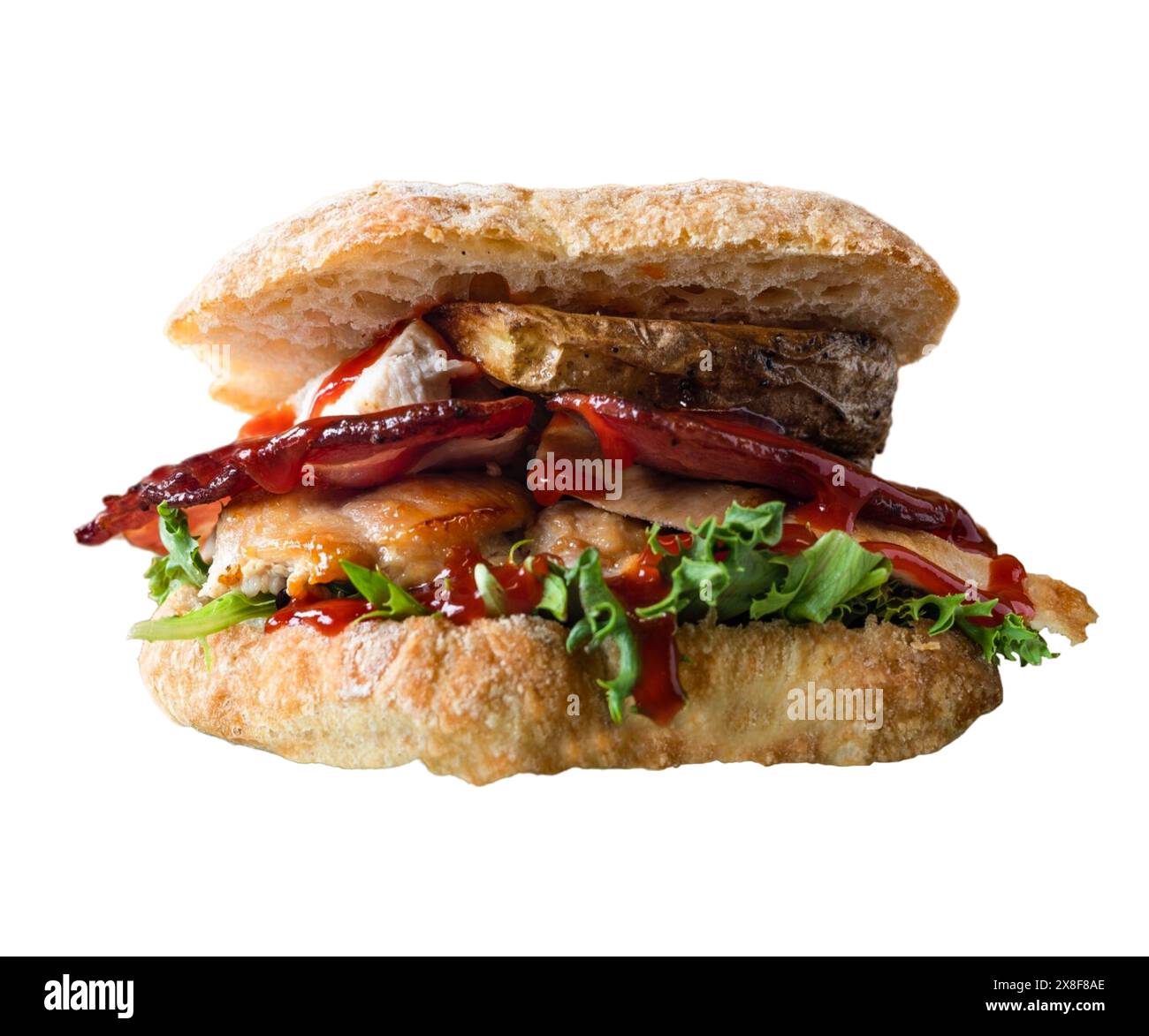 Hamburger au poulet, délicieux hamburger double avec de la viande de poulet croustillante, salade et sauce isolé sur fond blanc .hamburger blanc avec un gros poulet Banque D'Images