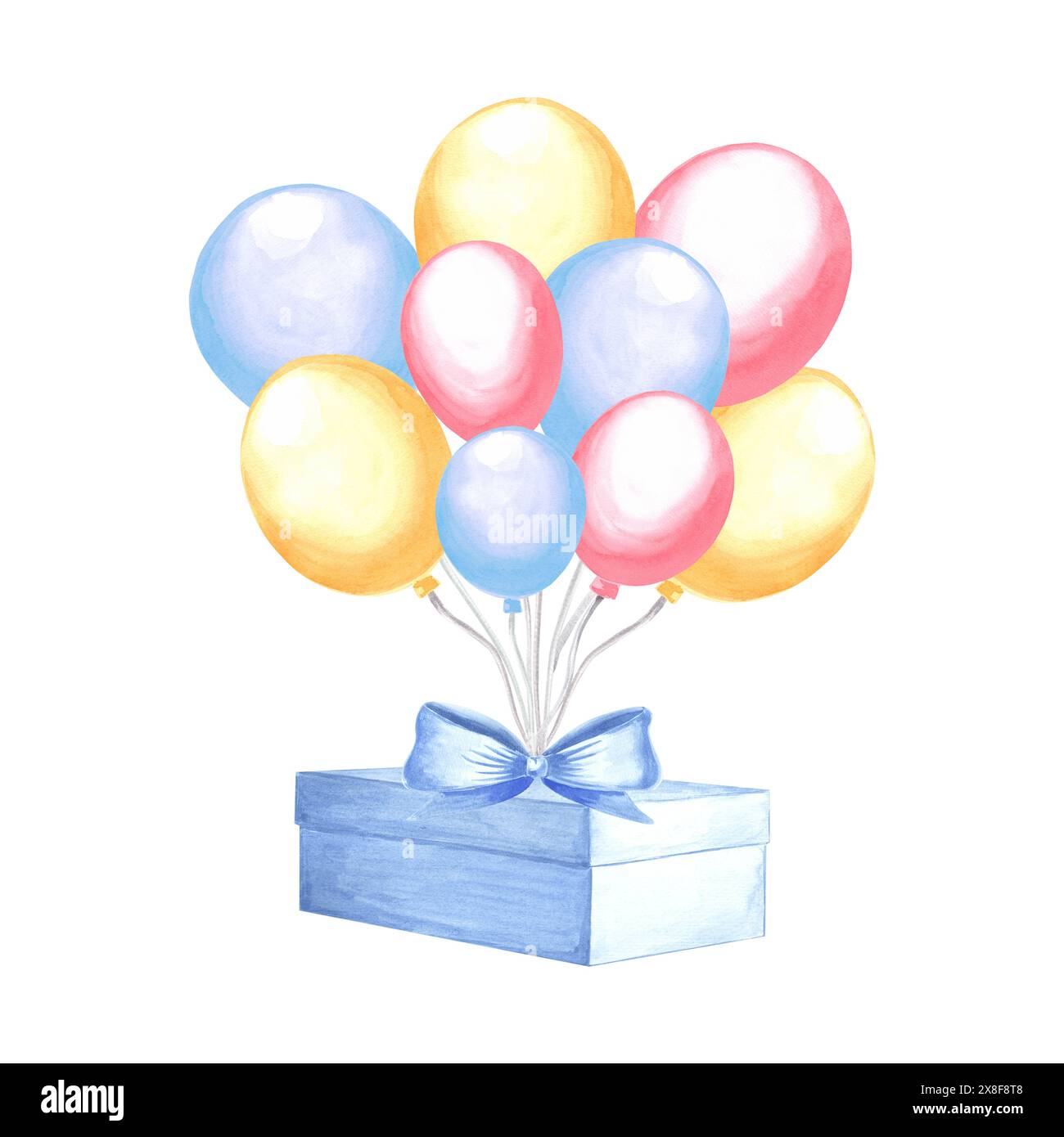 Ballons d'hélium et boîte cadeau avec arc. Clipart festif coloré joyeux anniversaire. Illustration d'aquarelle dessinée à la main isolée. Modèle pour anniversaire, ho Banque D'Images