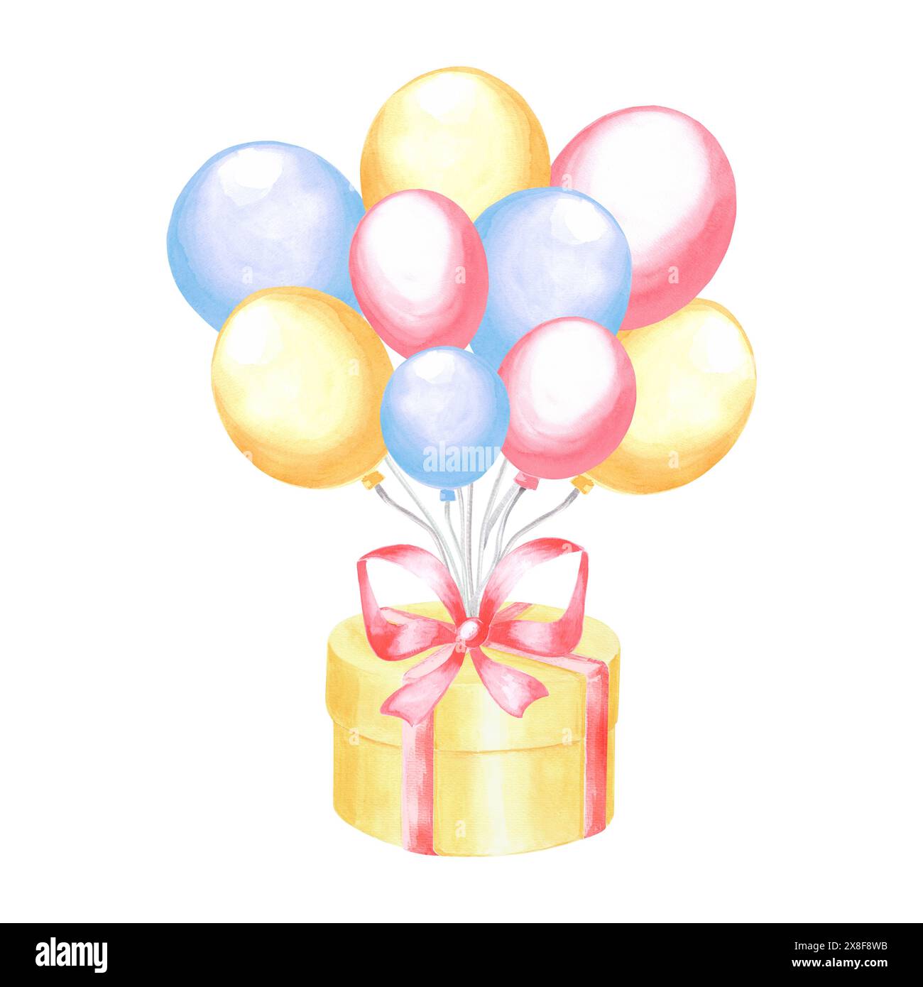 Ballons d'hélium et boîte cadeau avec arc. Clipart festif coloré joyeux anniversaire. Illustration d'aquarelle dessinée à la main isolée. Modèle pour anniversaire, ho Banque D'Images
