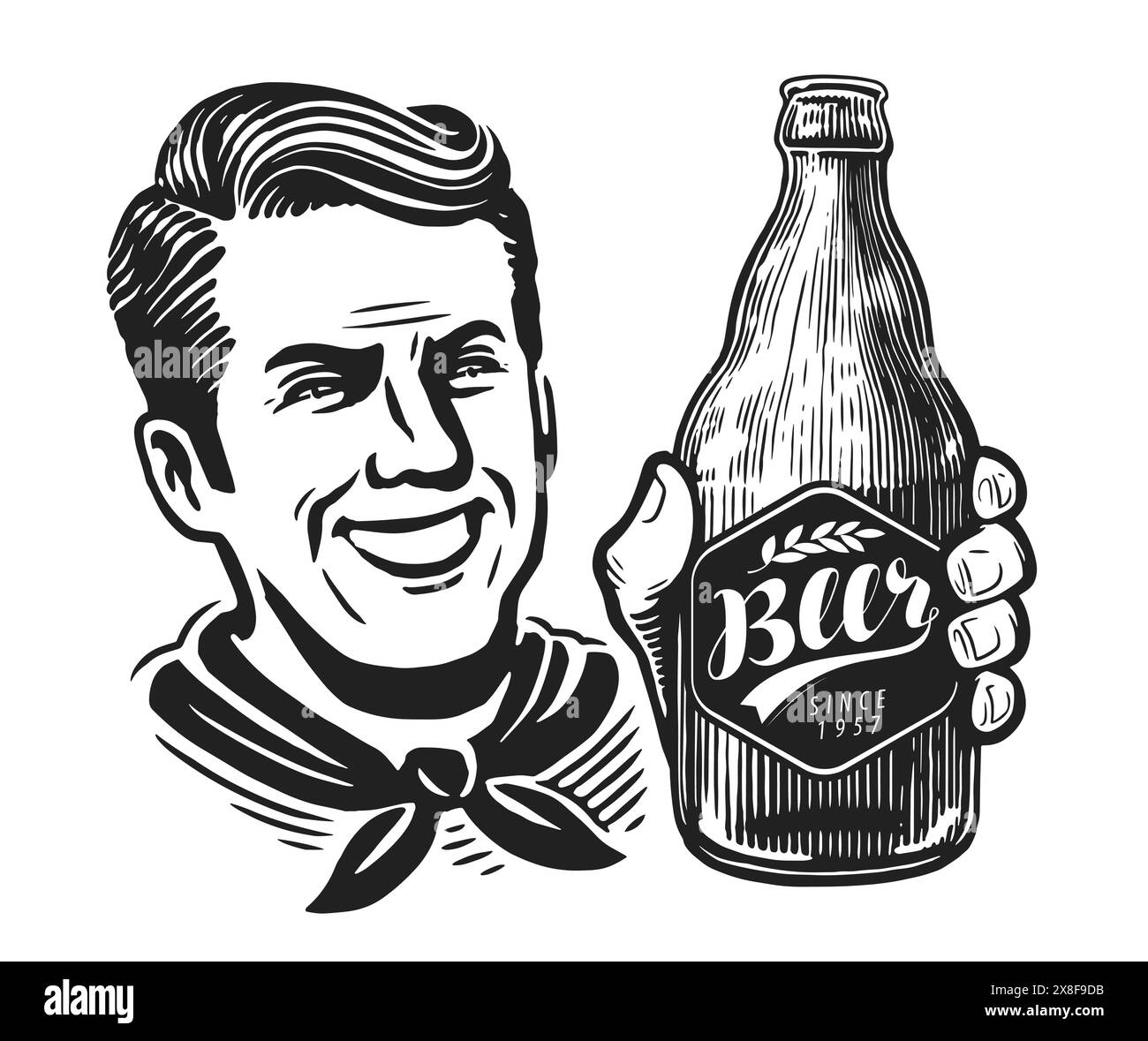 Homme heureux avec une bouteille de bière. Boisson alcoolisée fraîche. Illustration en noir et blanc pour la conception de menu de bar ou de restaurant Illustration de Vecteur