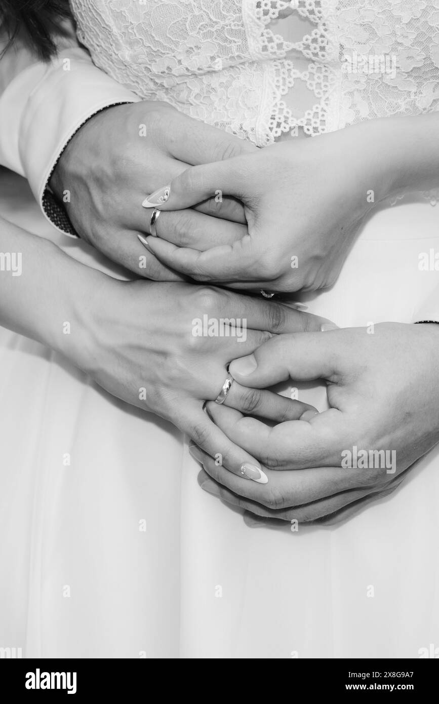 mariage, mariage, mariée, marié, photographie de mariage, amour, couple, mains, bagues Banque D'Images