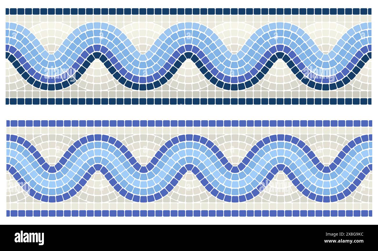 Ornement de vague de mosaïque, ligne de frontière ondulée sans couture avec motif portugais, tessellation de cadre, vecteur Illustration de Vecteur