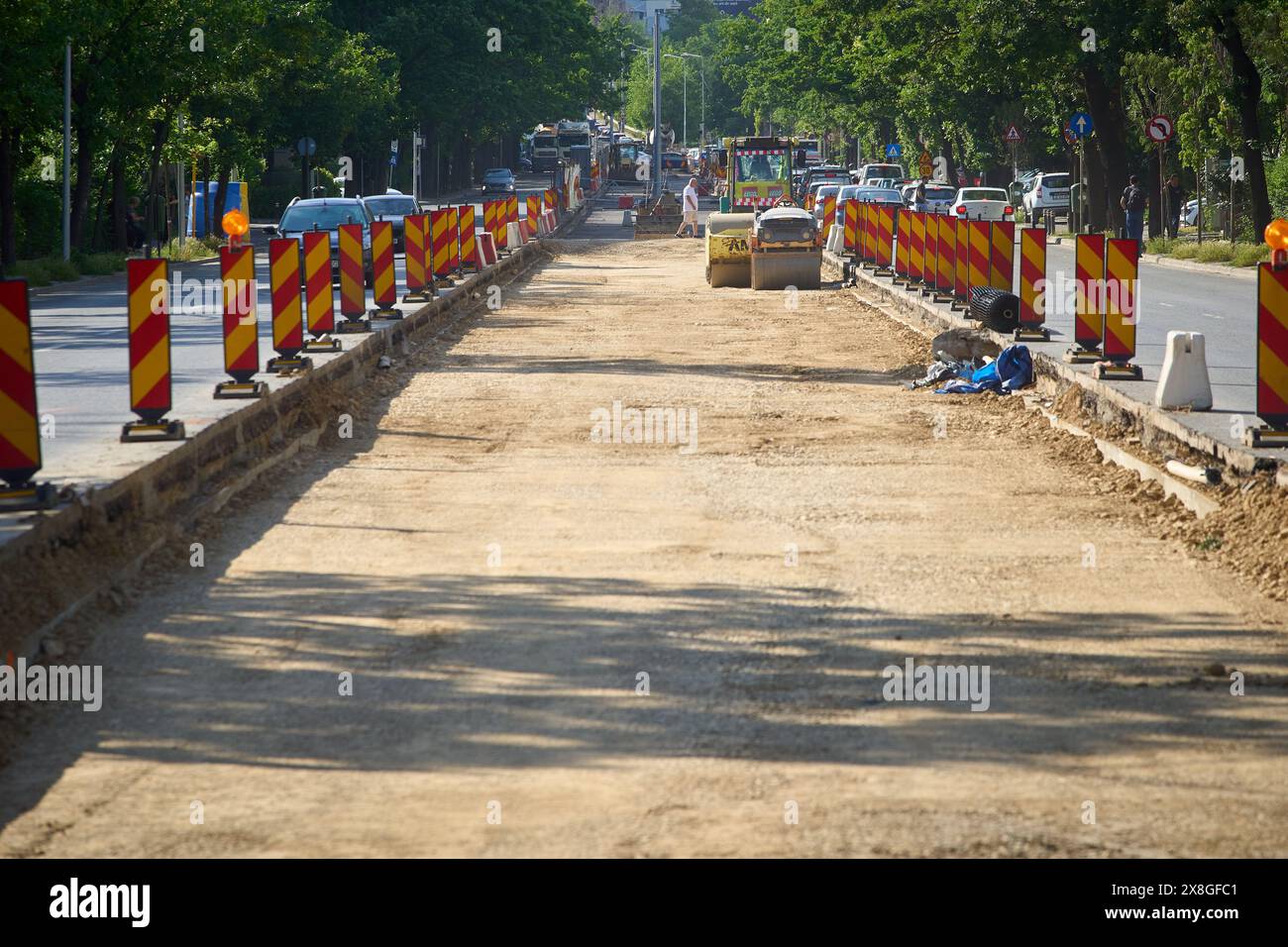 Bucarest, Roumanie - 24 mai 2024 : chantier de reconstruction de la ligne de tramway 5 rue Capitan Alexandru Serbanescu, à Bucarest. Banque D'Images