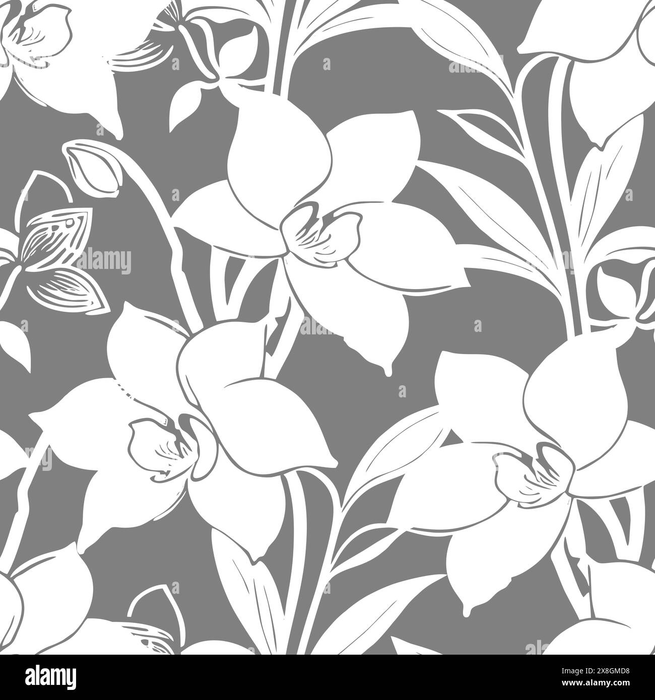 motif floral gris et blanc sans couture, ornement monochrome, design, texture Banque D'Images