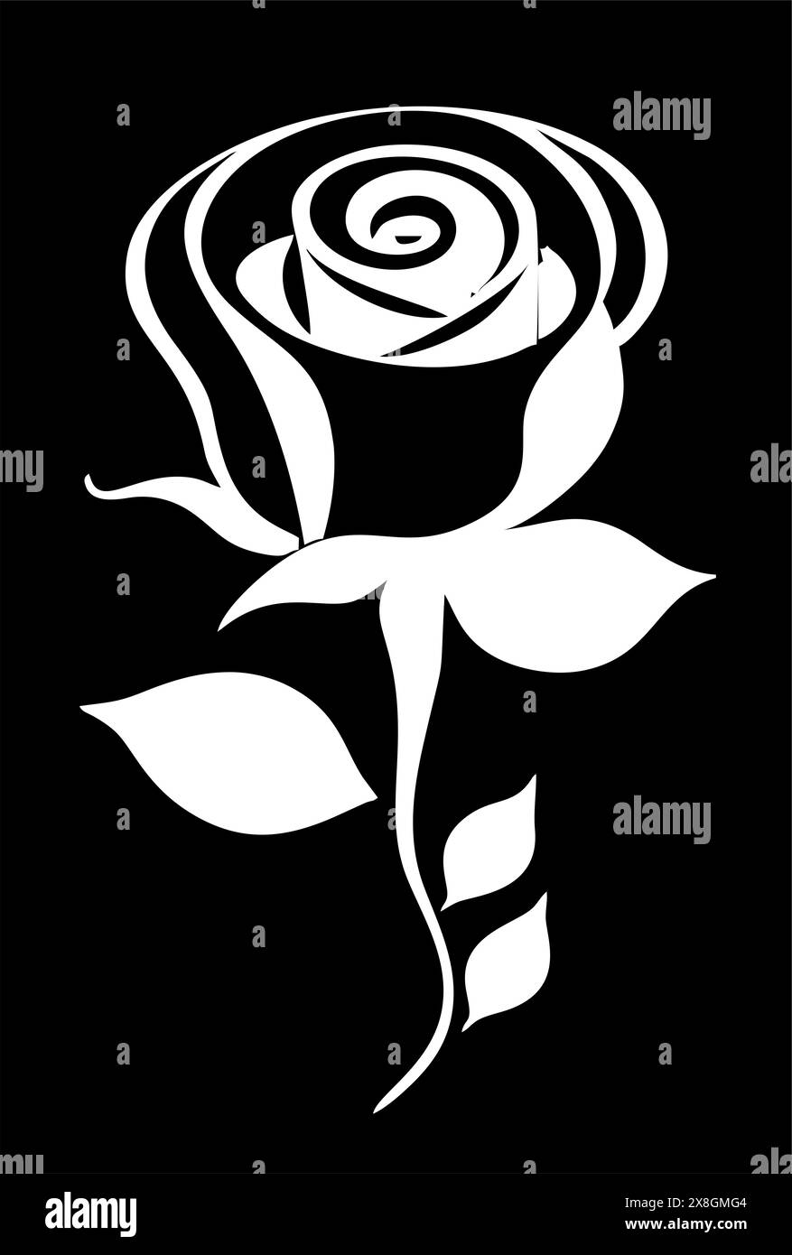 dessin graphique blanc d'une fleur de rose avec des feuilles sur un fond noir, logo Banque D'Images