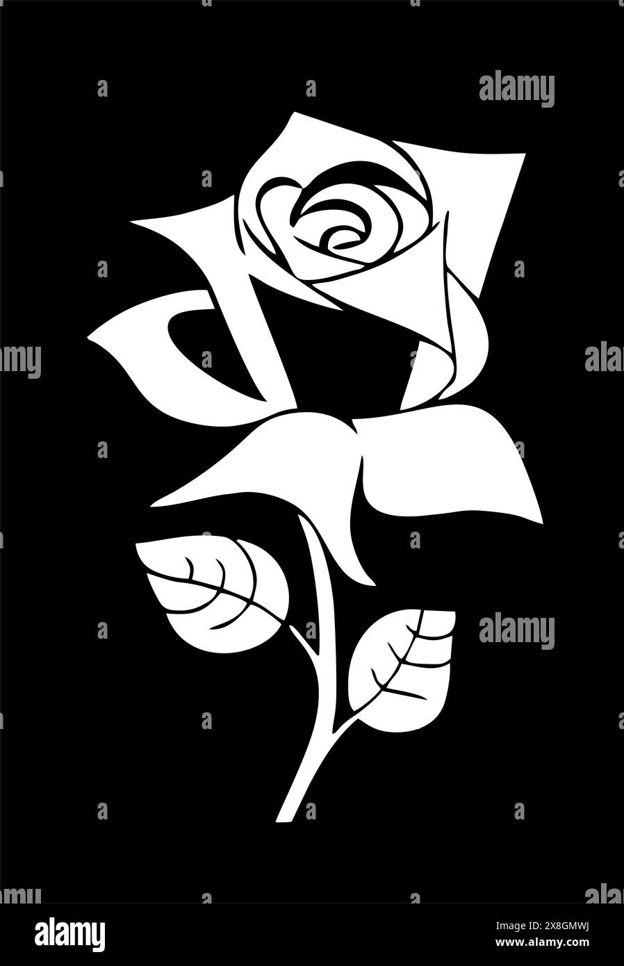 dessin graphique blanc d'une fleur de rose avec des feuilles sur un fond noir, logo Banque D'Images