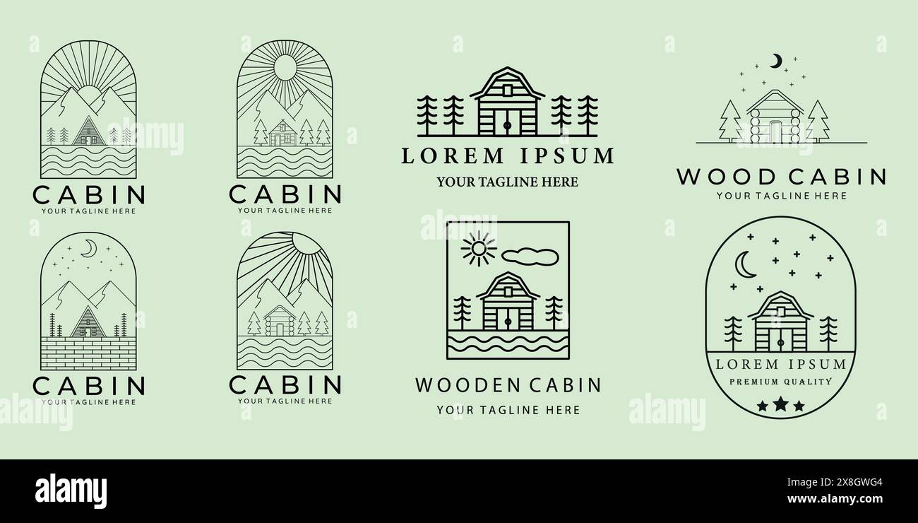 set bundle cabine cottage logo vectoriel design d'illustration, style d'art au trait Illustration de Vecteur