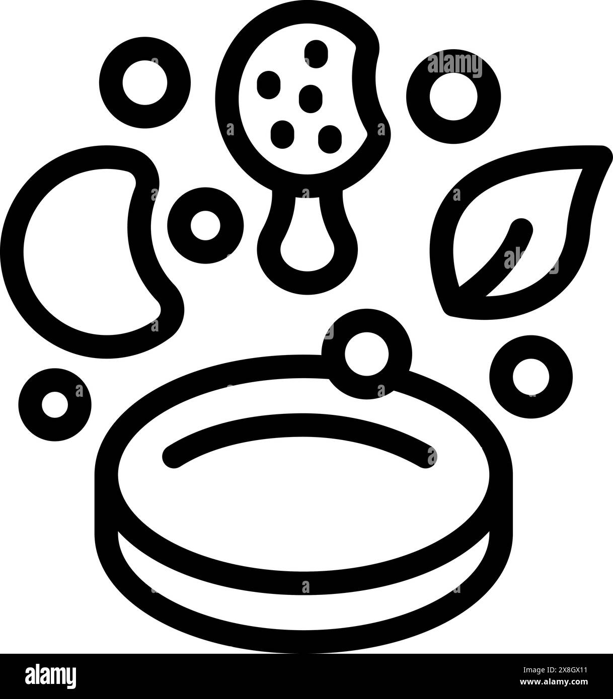 Illustration vectorielle en noir et blanc d'une boîte de Petri avec des microbes stylisés et des feuilles pour des thèmes biotechnologiques Illustration de Vecteur