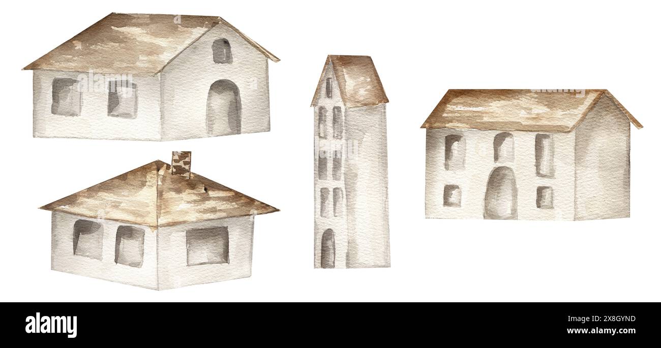 Ensemble d'illustration de vieilles maisons de village aquarelle Banque D'Images