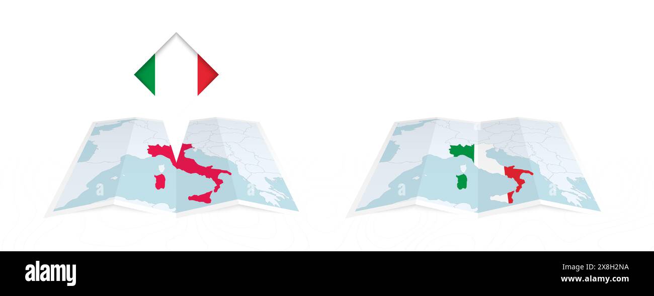 Deux versions d'une carte pliée de l'Italie, l'une avec un drapeau de pays épinglé et l'autre avec un drapeau dans le contour de la carte. Modèle pour la conception imprimée et en ligne. Illustration de Vecteur