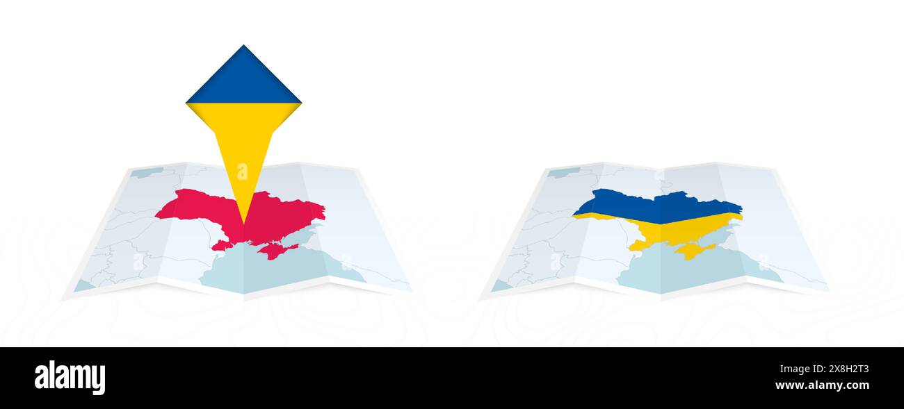 Deux versions d'une carte pliée de l'Ukraine, l'une avec un drapeau de pays épinglé et l'autre avec un drapeau dans le contour de la carte. Modèle pour les desig. Imprimés et en ligne Illustration de Vecteur