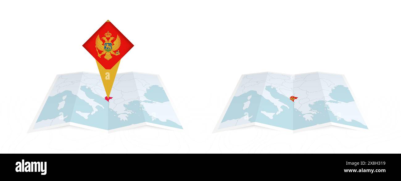 Deux versions d'une carte pliée du Monténégro, l'une avec un drapeau de pays épinglé et l'autre avec un drapeau dans le contour de la carte. Modèle pour impression et en ligne Illustration de Vecteur