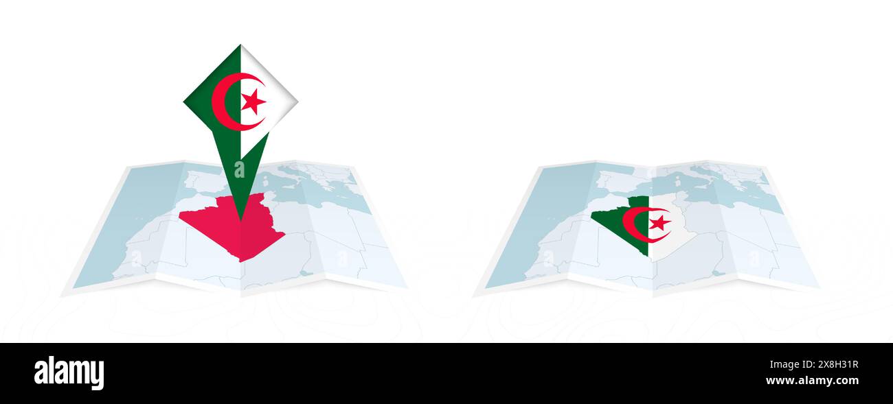 Deux versions d'une carte pliée de l'Algérie, l'une avec un drapeau de pays épinglé et l'autre avec un drapeau dans le contour de la carte. Modèle pour les desig. Imprimés et en ligne Illustration de Vecteur