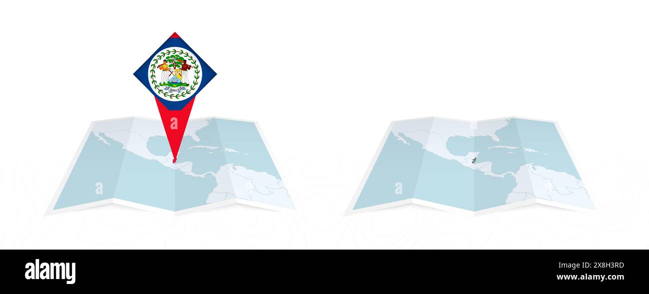 Deux versions d'une carte pliée du Belize, l'une avec un drapeau de pays épinglé et l'autre avec un drapeau dans le contour de la carte. Modèle pour la conception imprimée et en ligne Illustration de Vecteur