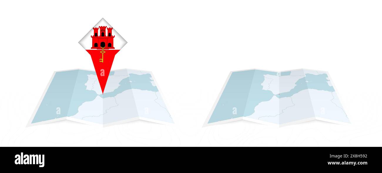 Deux versions d'une carte pliée de Gibraltar, l'une avec un drapeau de pays épinglé et l'autre avec un drapeau dans le contour de la carte. Modèle pour les des imprimés et en ligne Illustration de Vecteur