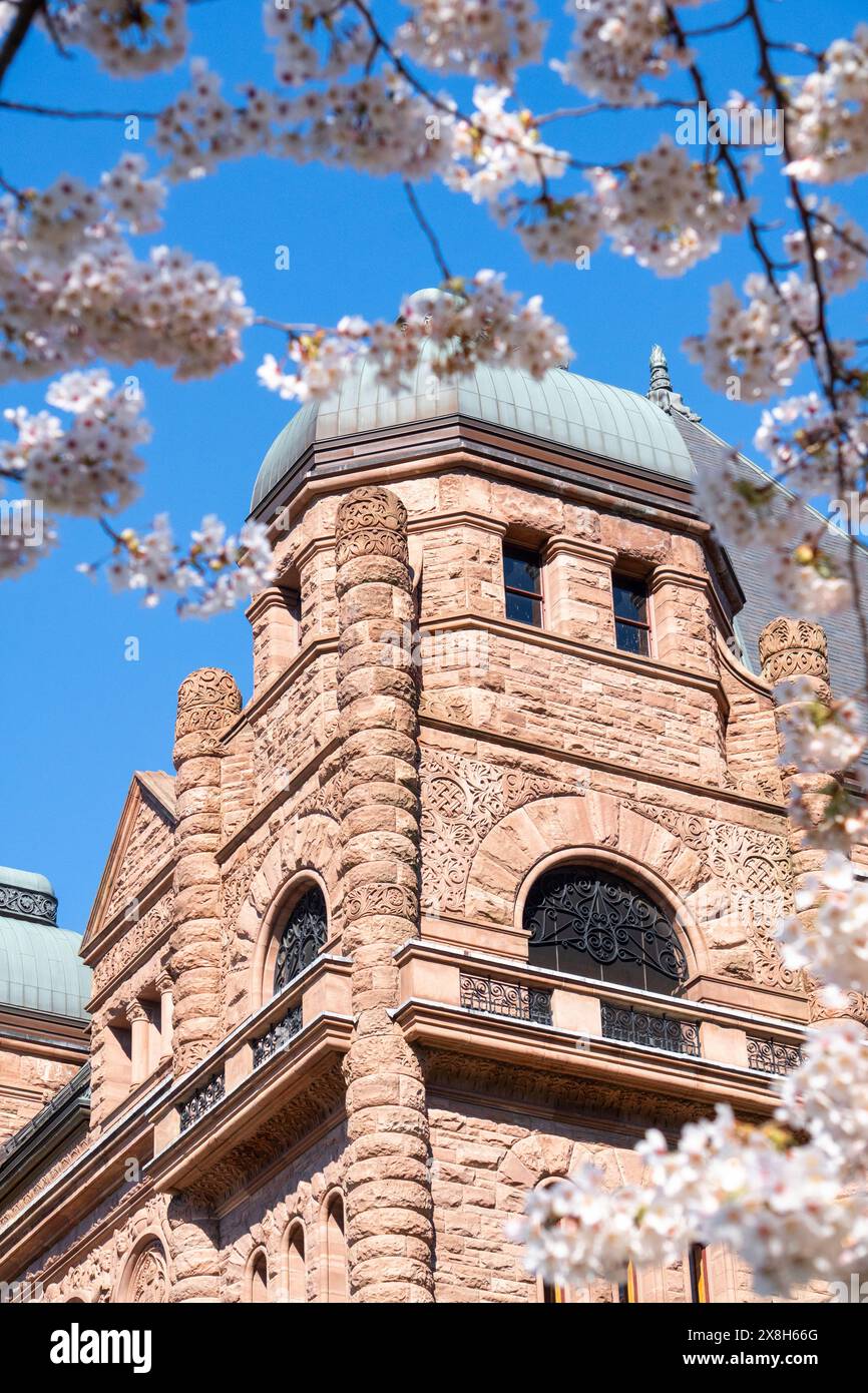 L'édifice de l'Assemblée législative de l'Ontario, de style roman Richardson, est encadré par des fleurs de cerisiers japonaises à Queen's Park, Toronto, Canad Banque D'Images