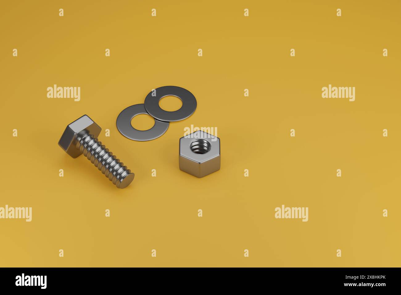 Boulon , écrou et rondelles isolés sur fond jaune. illustration 3d. Banque D'Images