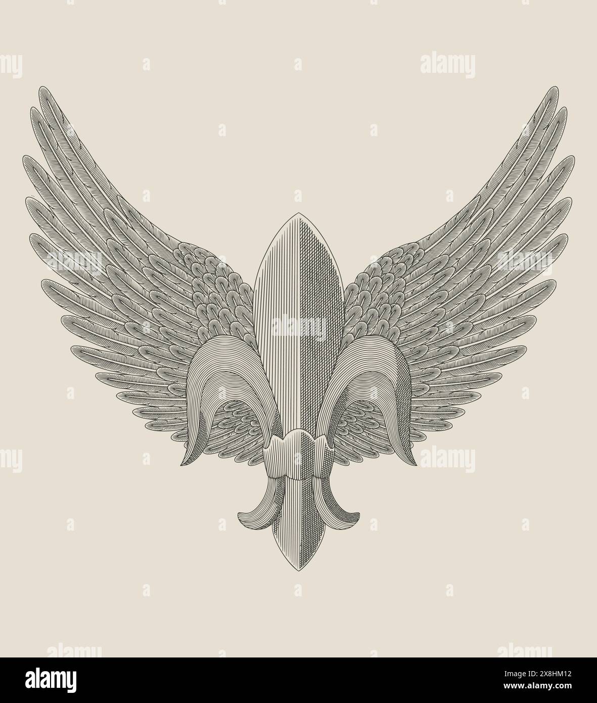 Fleur de lis avec ailes d'ange , illustration de dessin de style gravure vintage Illustration de Vecteur