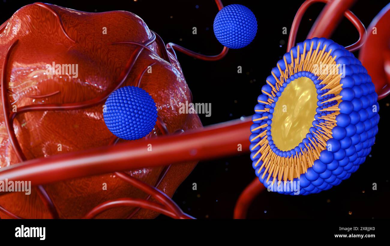 le rendu 3d du liposome flottant cible les cellules cancéreuses à l'intérieur du corps Banque D'Images