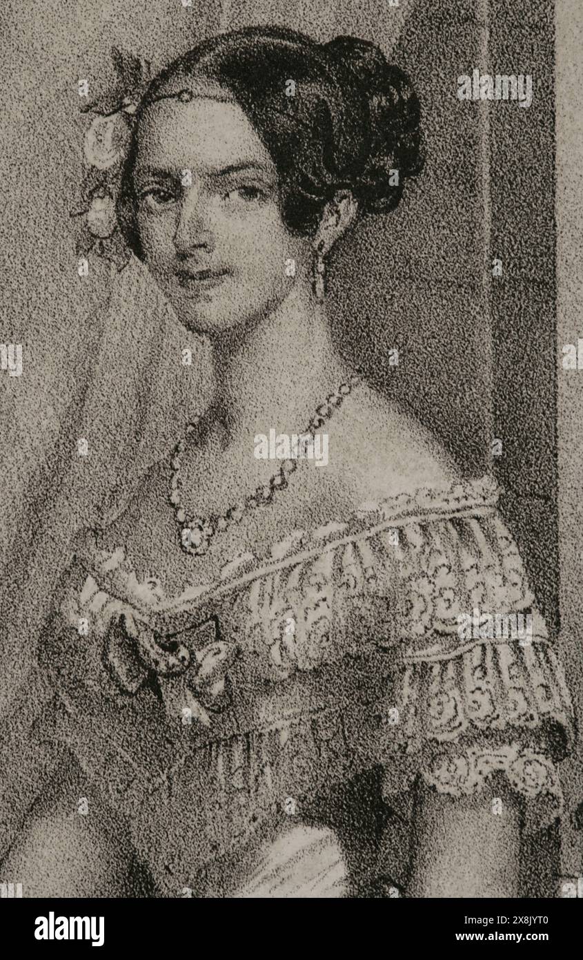 Adélaïde d'Autriche (1822-1855) Archiduchesse autrichienne. Reine consort de Sardaigne (1849-1855) par son mariage avec le roi Victor Emmanuel II (1820-1878). Portrait. Dessin de C. Legrand. Lithographie de J. Donón. Détail. Reyes Contemporáneos (Rois contemporains). Volume III publié à Madrid, 1854. Auteur : Julio Donón. Artiste espagnol actif de 1840 à 1880. Luis Carlos Legrand (fl. 1829-1858) Dessinateur et lithographe espagnol. Banque D'Images